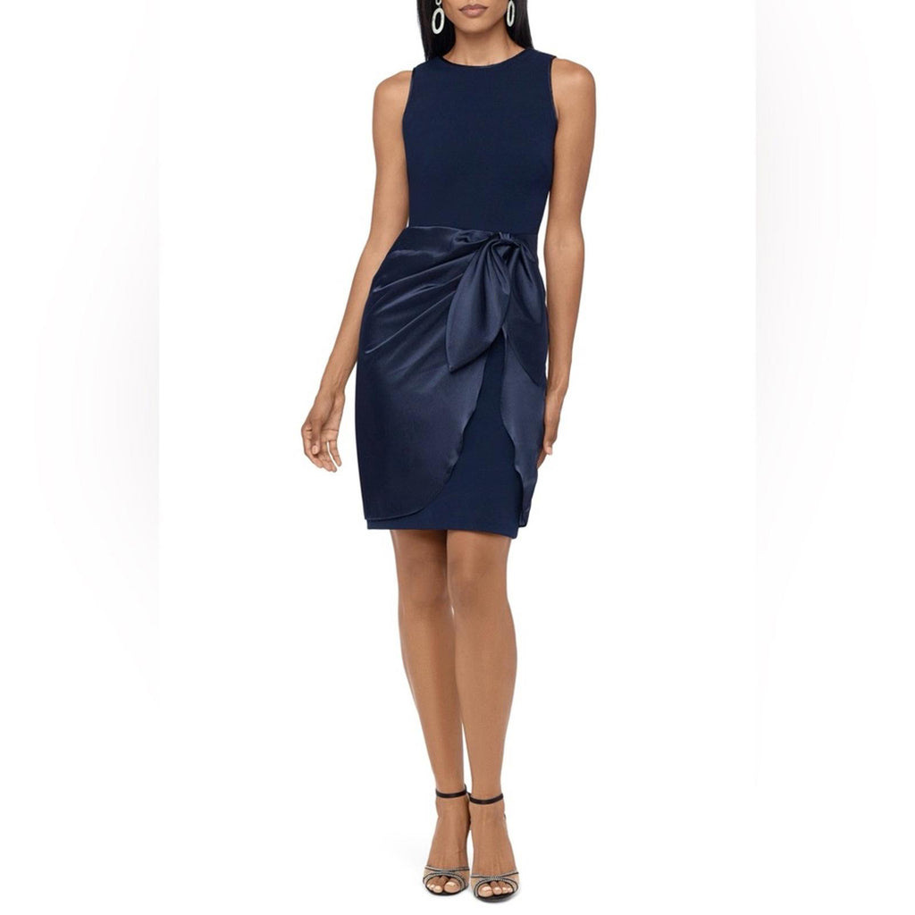 Betsy & Adam Satin Sarong Crepe Dress in Navy, Size 2 New w/Tag Retail $199