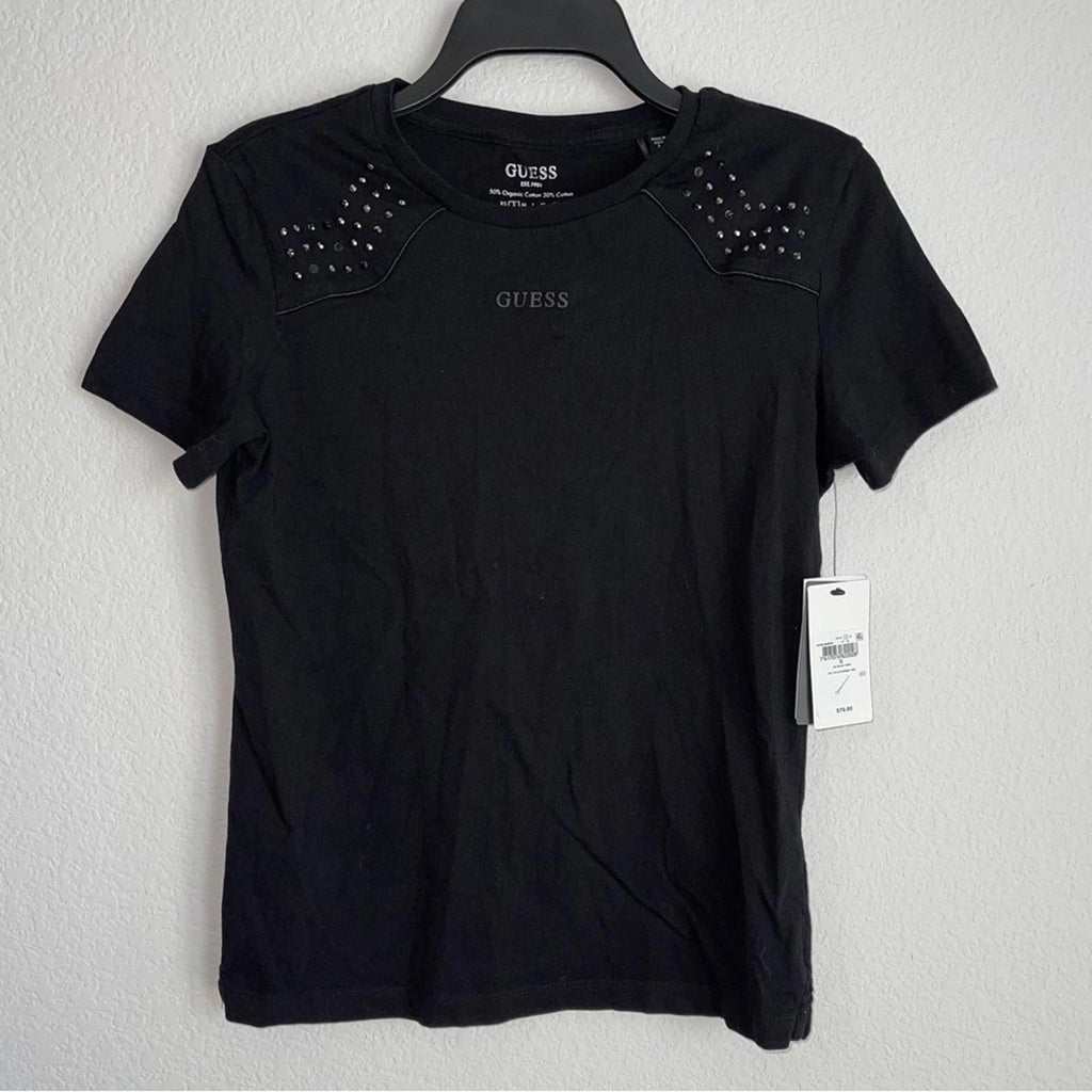 Guess Eco Katarina Embellished Crewneck Tee in Jet Black, New w/Tag $79