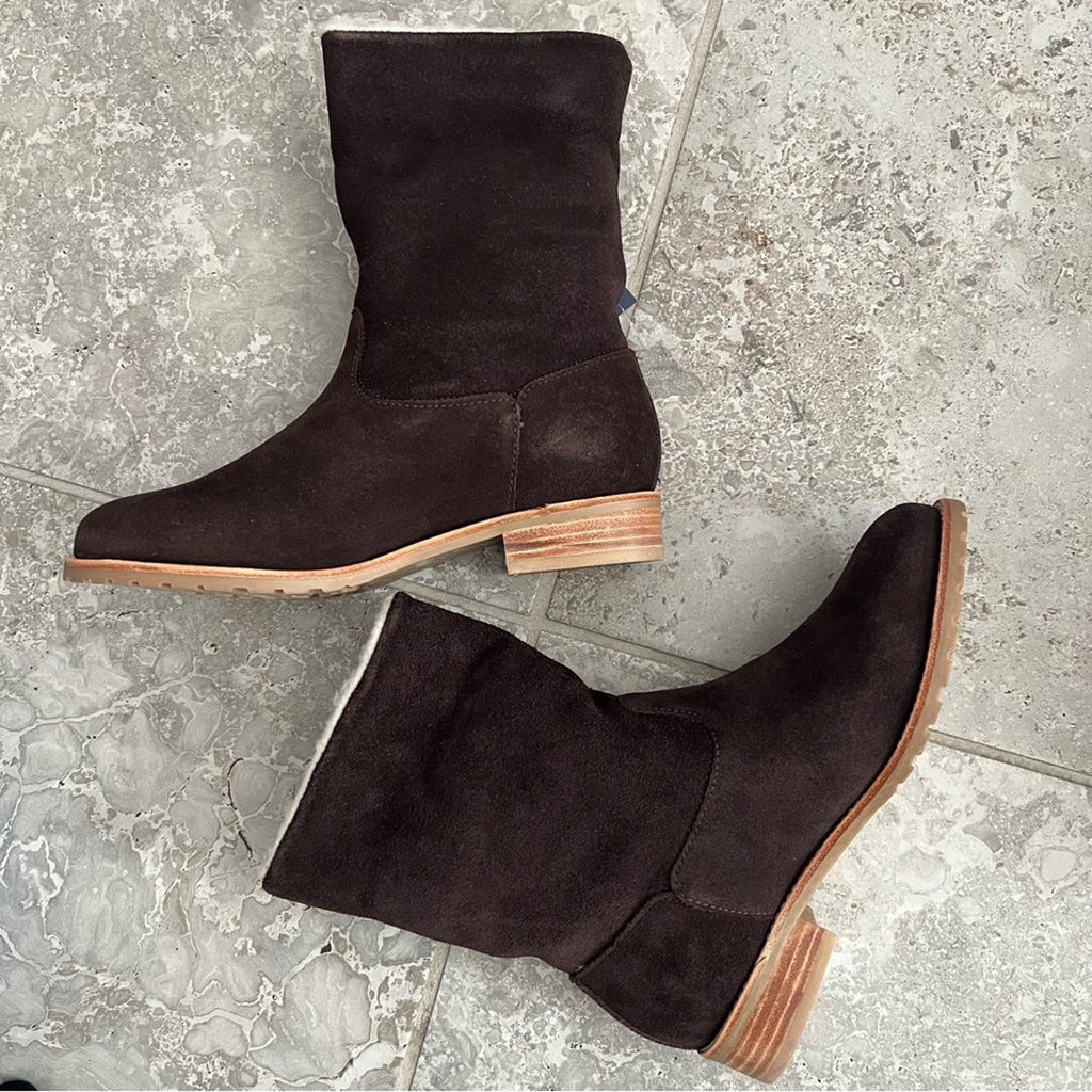 Jack Rogers Dark Chocolate Sherpa Faux Suede Booties, Size 7M New in Box $158