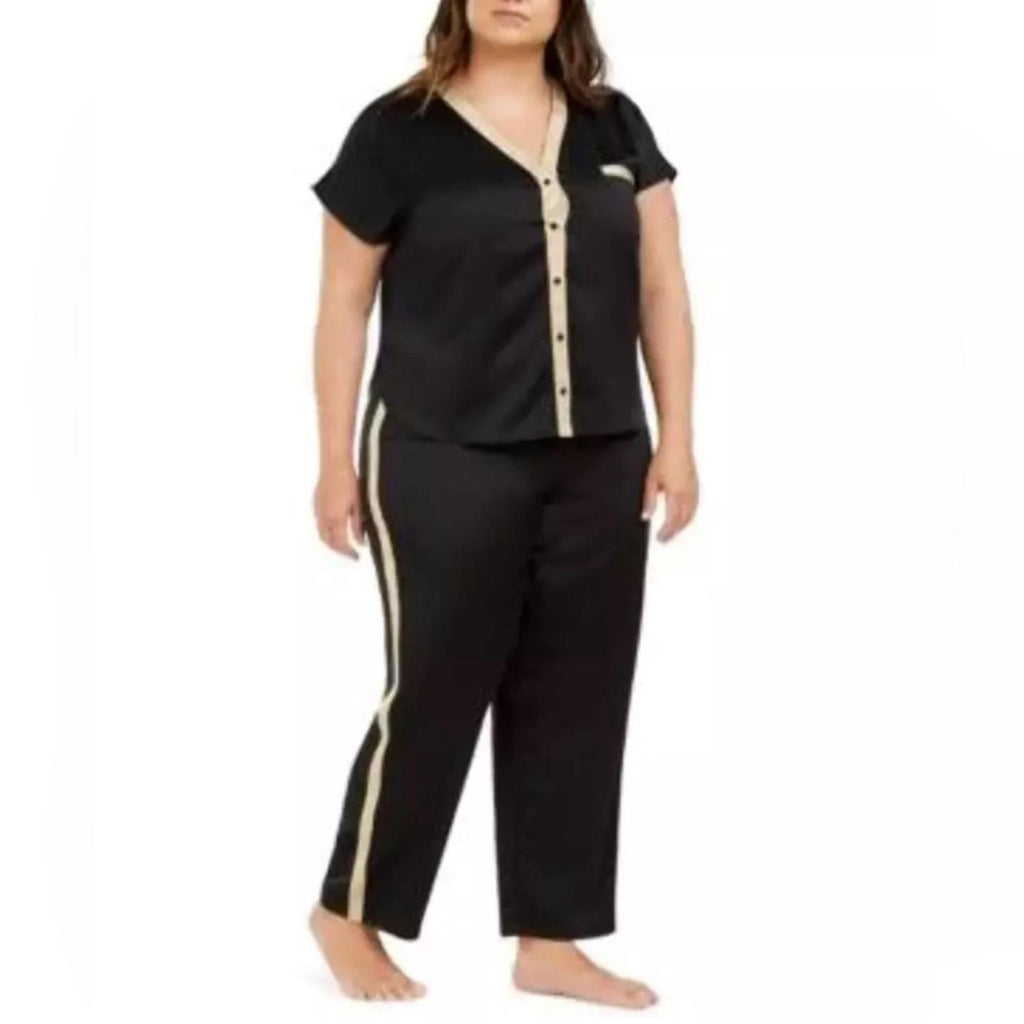 INC Metallic Tuxedo Stripe Satin Pajamas Set in Deep Black, Plus Size 3X NWT