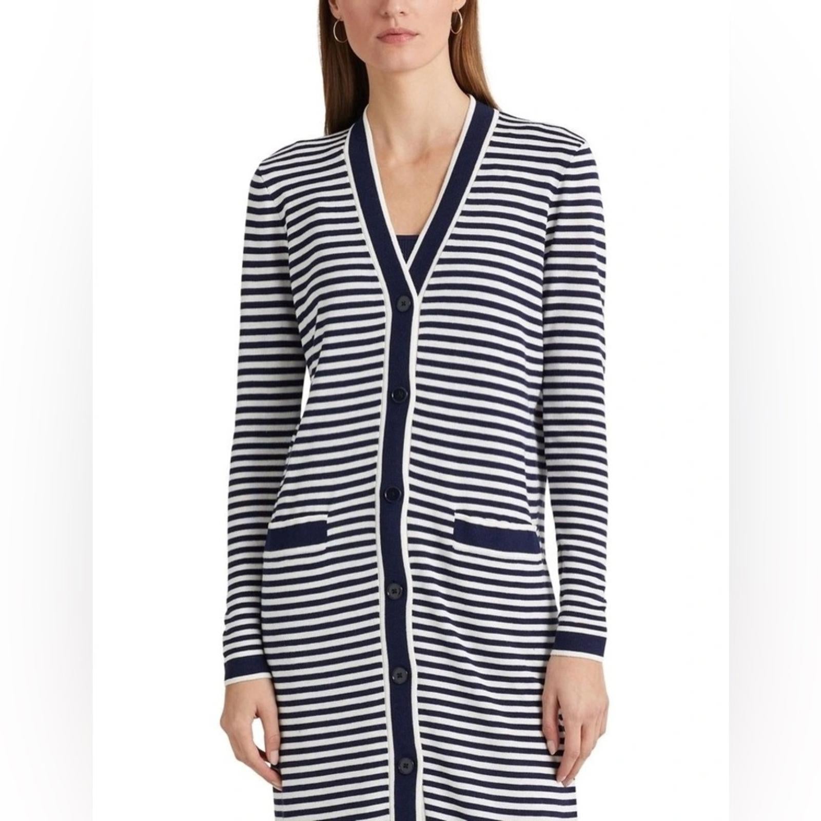 Lauren Ralph Lauren Striped Silk Blend Long Cardigan Navy Size XS New w/Tag $245