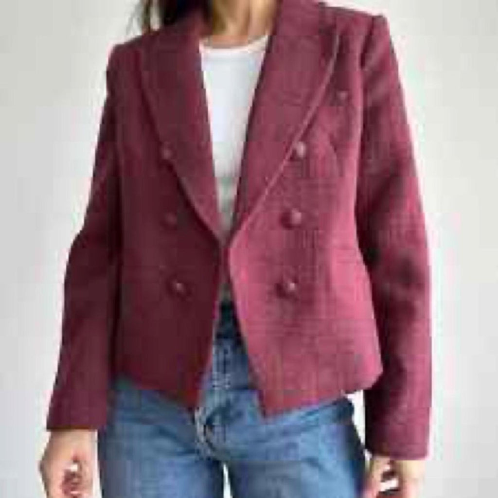 ELIE TAHARI Double Breasted Tweed Blazer in Burgundy, Size L Retail $495