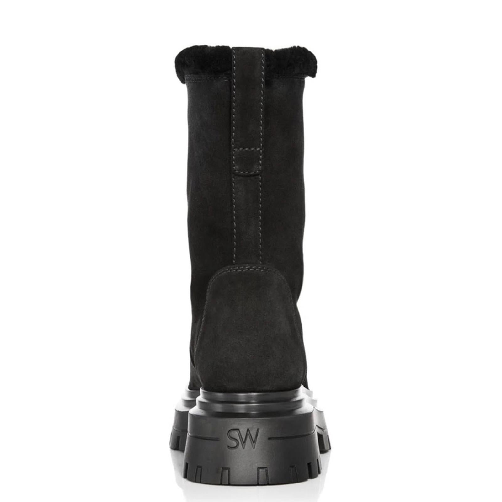 Stuart Weitzman Bedford Chill Suede Shearling Moto Boots, Black Size 6.5 NWT