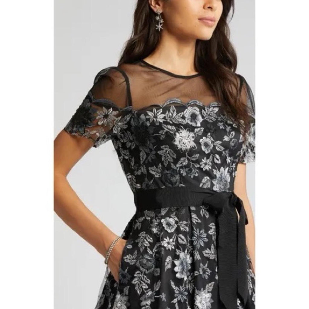 Eliza J. Embroidered Illusion Fit & Flare Dress w/Pockets Black Size 2 New w/Tag