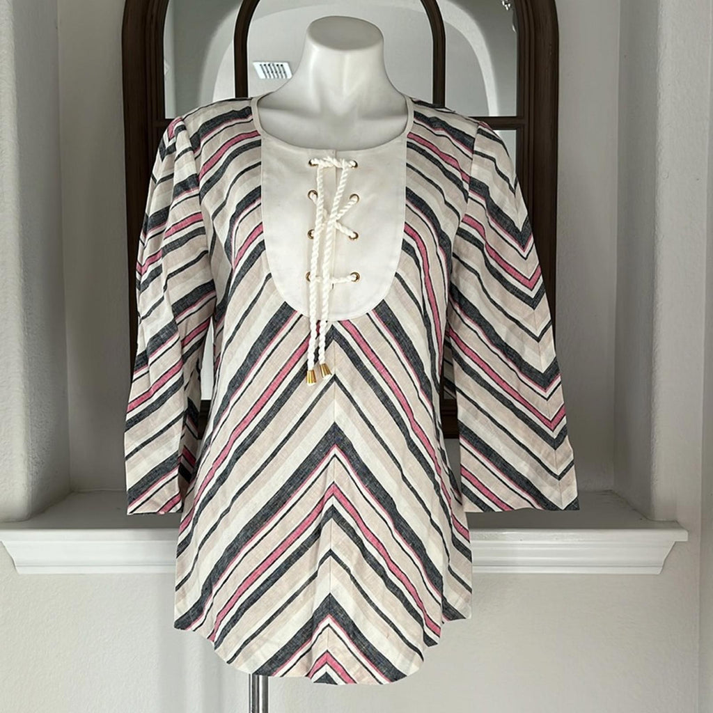 NEW Tory Burch Linen Lace-Up Diagonal Stripe Blouse, Size 12