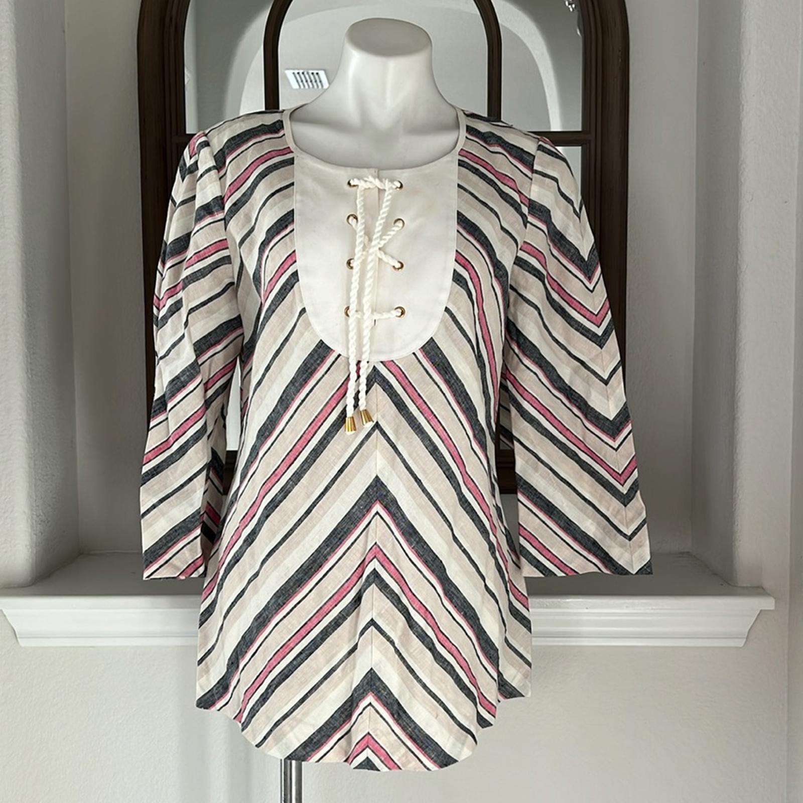 NEW Tory Burch Linen Lace-Up Diagonal Stripe Blouse, Size 12