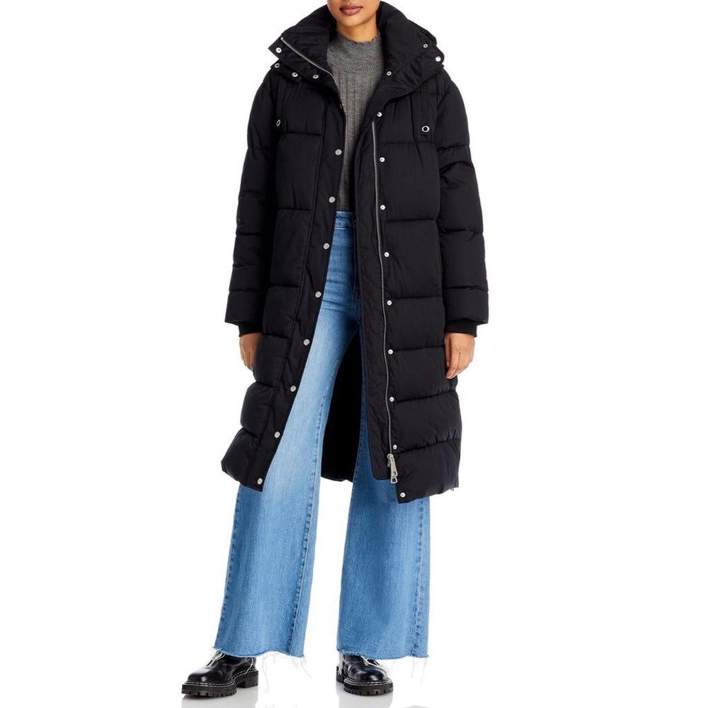 AQUA Puffer Trench Coat, Hooded Quilted Jacket in Black, Size M New w/Tag $298