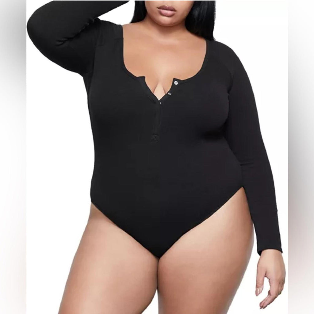 Good American Snap Front Bodysuit in Black, Long Sleeves Size 4/XL NEW w/Tag