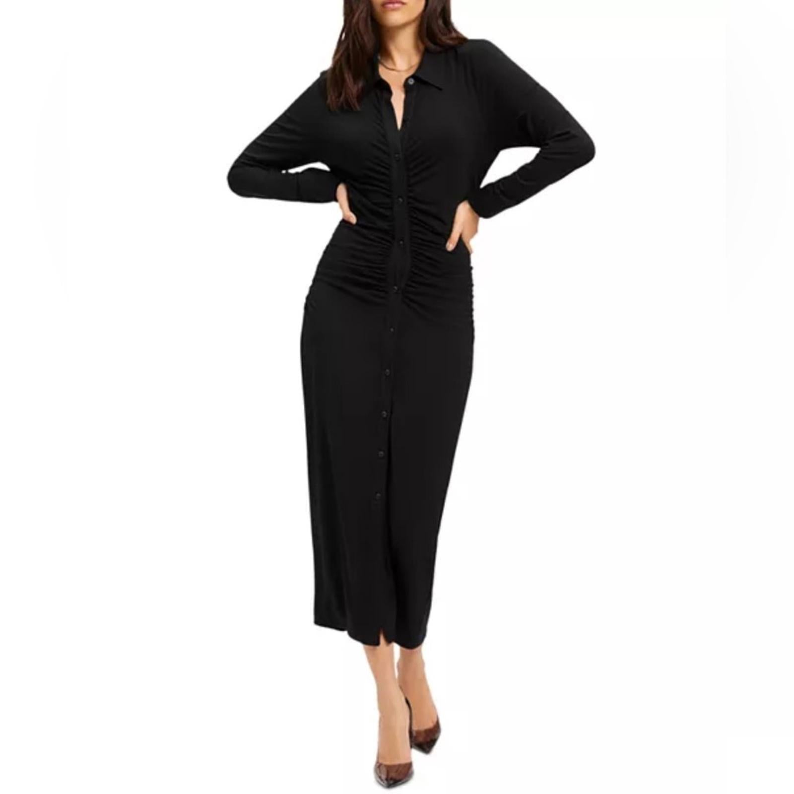 Good American Good Touch Ruched Midi Dress in Black, Size 1 New w/Tag