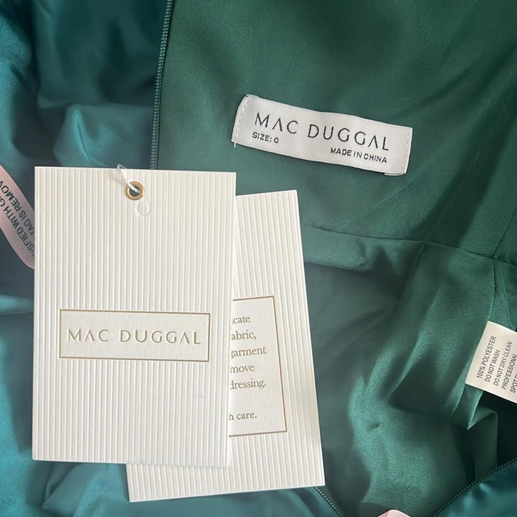 Mac Duggal Pleated Bodice High-Low Satin Cocktail Dress in Emerald Green NWT