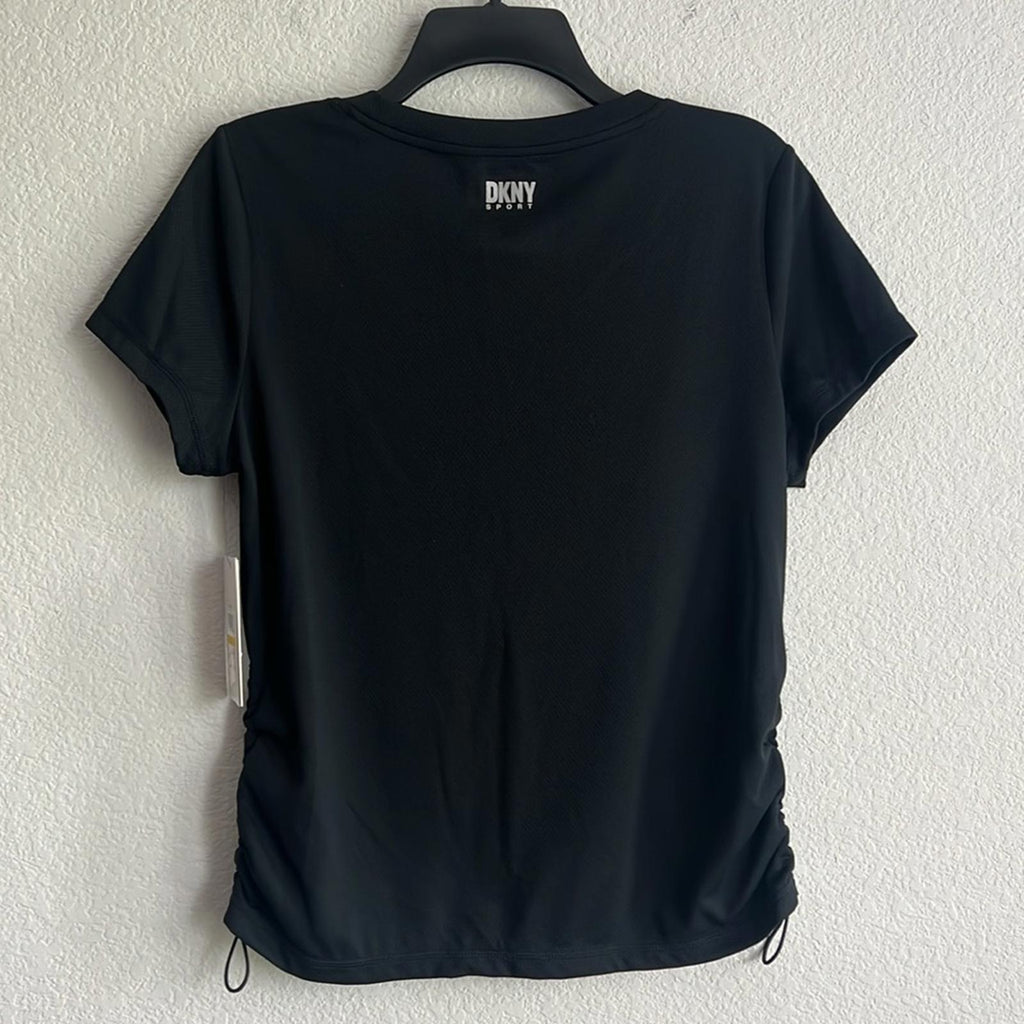 DKNY Tech-Mesh Performance V-Neck Tech Tee w/Ruched Drawcord Side Seams, NWT, M