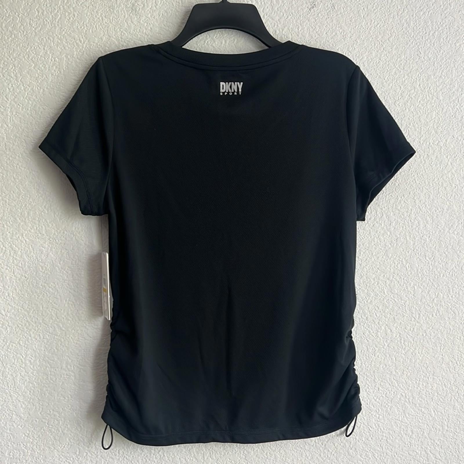 DKNY Tech-Mesh Performance V-Neck Tech Tee w/Ruched Drawcord Side Seams, NWT, M