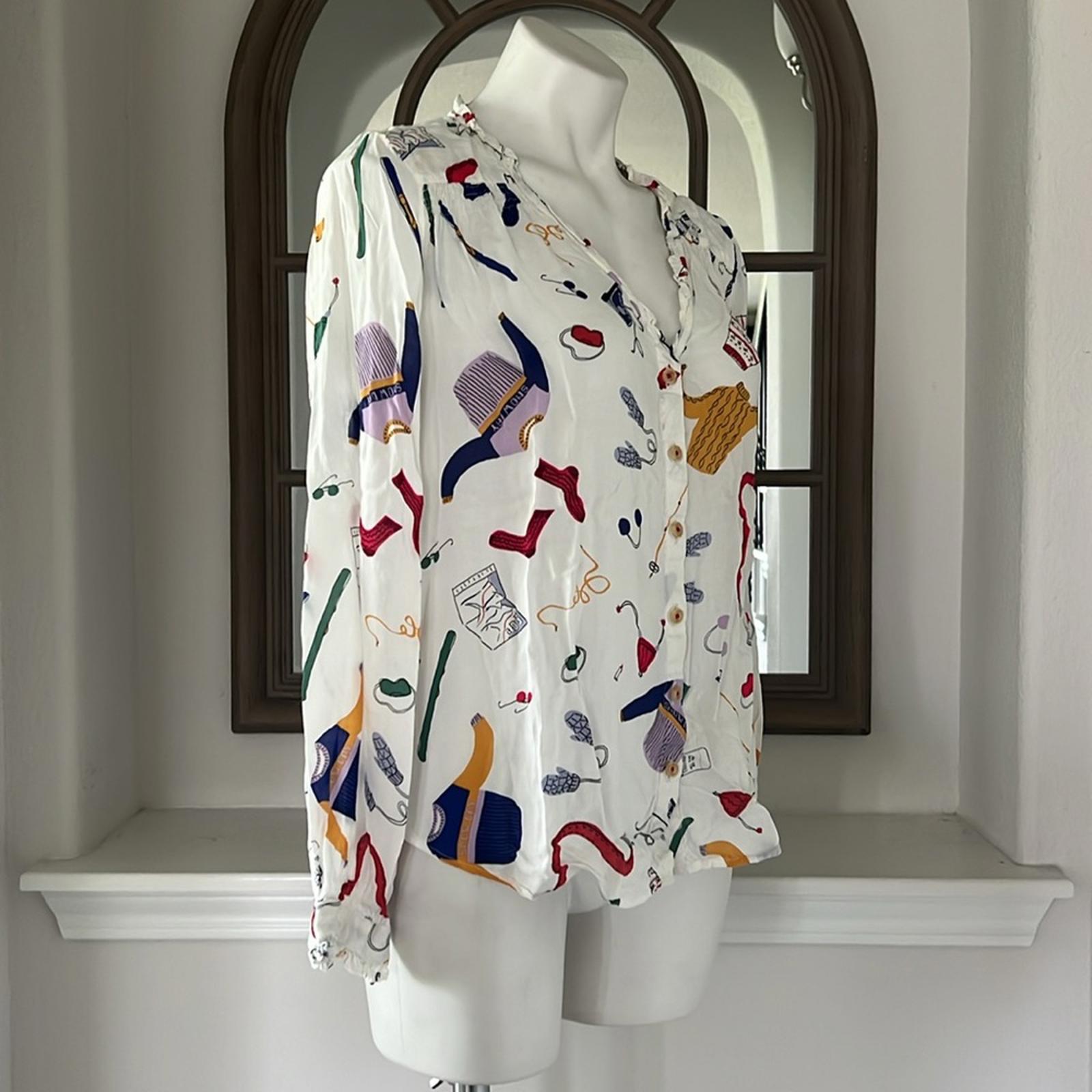 Anthropologie’s Maeve Marisol Ruffled Winter Ski Print Blouse, Size 8