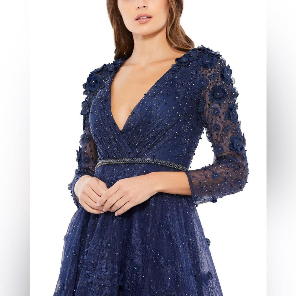 Mac Duggal Fit & Flare Lace Dress w/Floral Appliqués Three-Quarter Sleeve