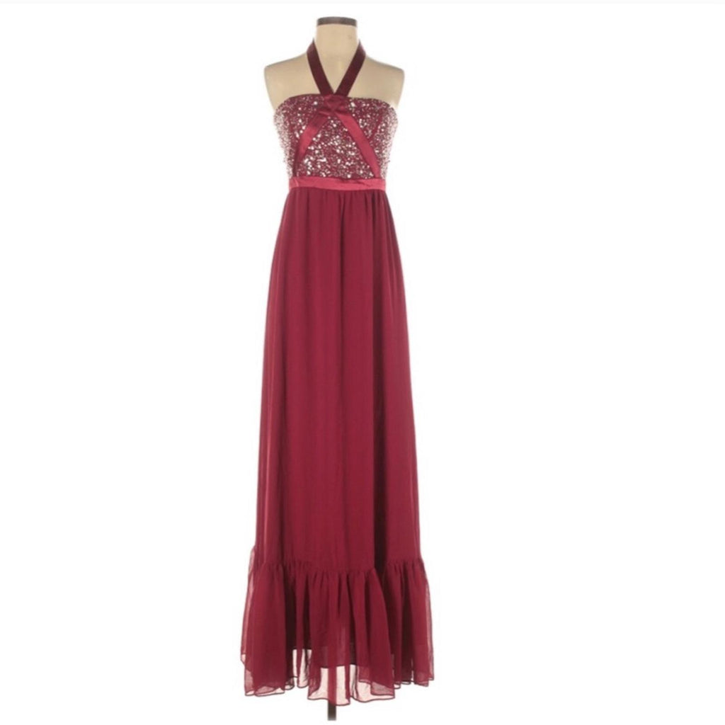Altar’d State Tiered Halter Maxi Dress with Sequin Detail Ruby Red, NWT, Size L