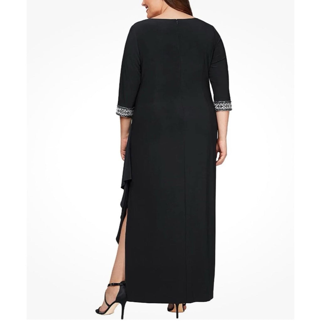 NWT Alex Evenings A-Line Dress w/Side Ruched Cascade Skirt, Black Size 18W $239