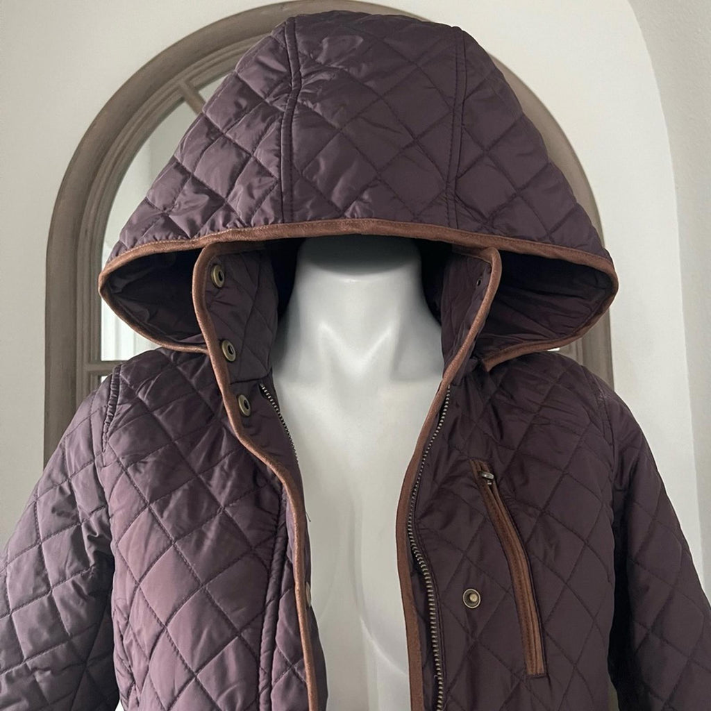Lauren Ralph Lauren Faux-Leather-Trim Hooded Quilted Coat, Size S New w/Tag
