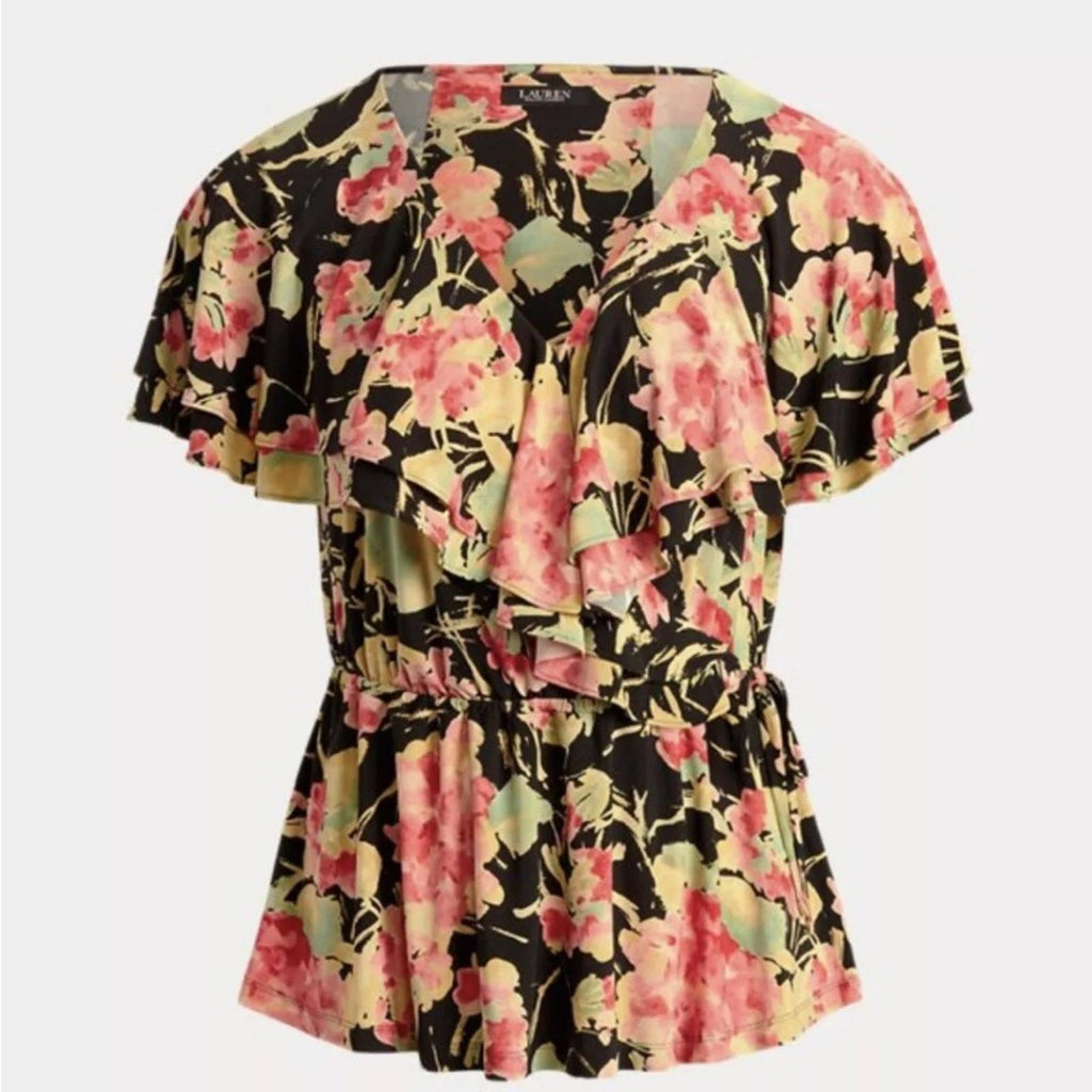 Ralph Lauren Floral Ruffle Trim Surplice Jersey Top in Black, NWT, Size L