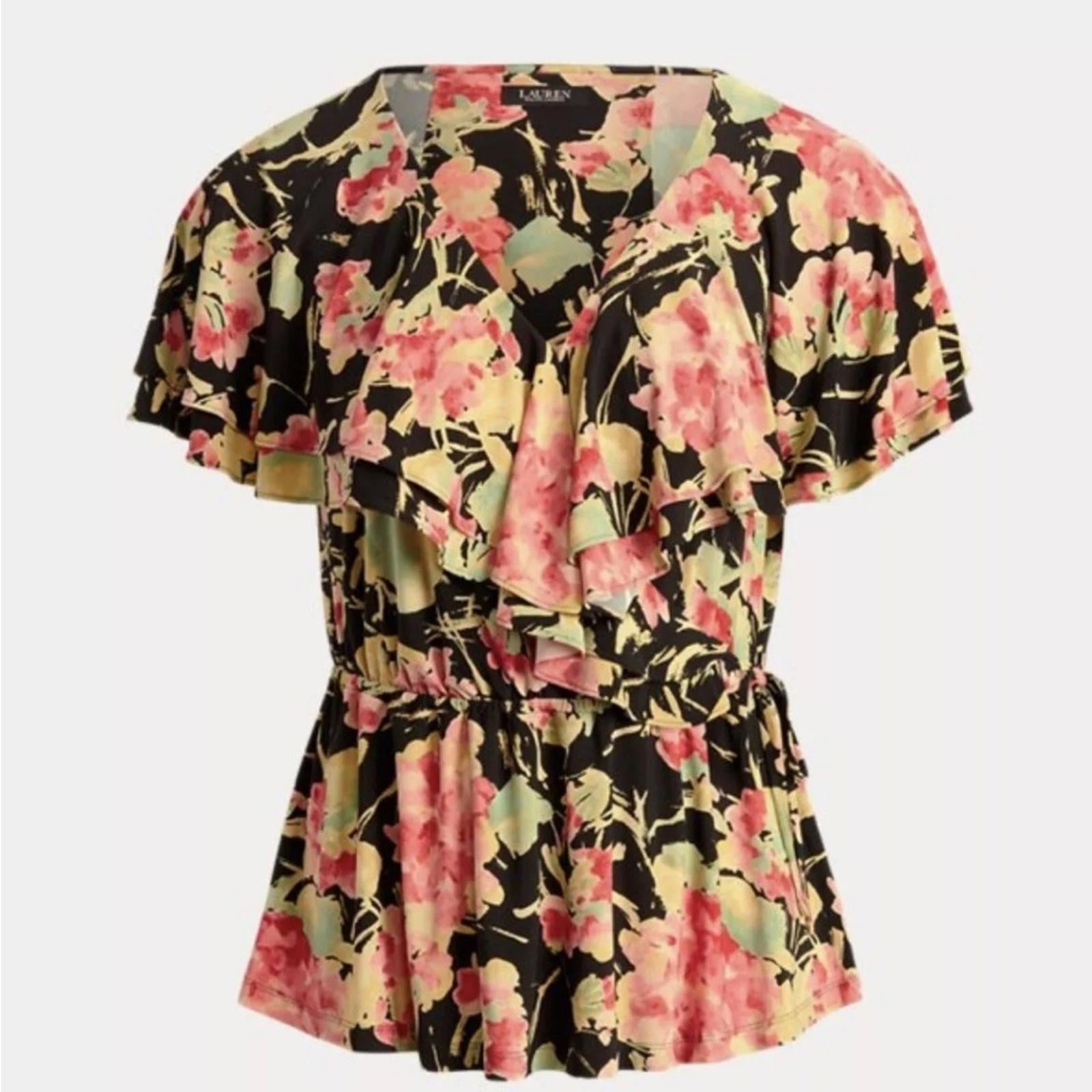 Ralph Lauren Floral Ruffle Trim Surplice Jersey Top in Black, NWT, Size L