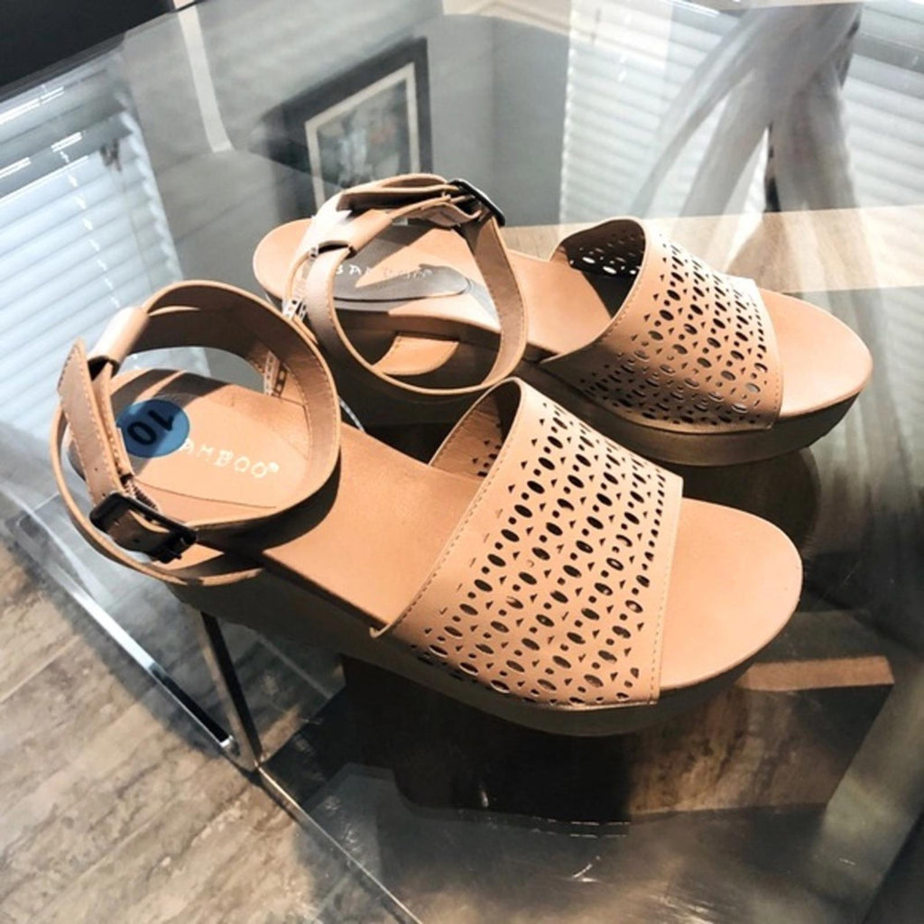 Bamboo Nude Wedge Platform Ankle Strap Sandals, Size 10M New w/o Box
