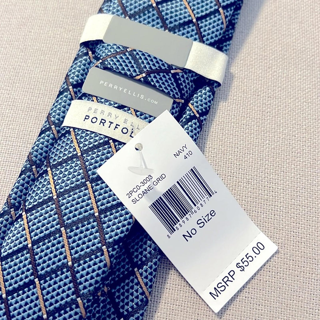 Perry Ellis Portfolio Sloane Grid Navy Neck Tie, New w/Tag