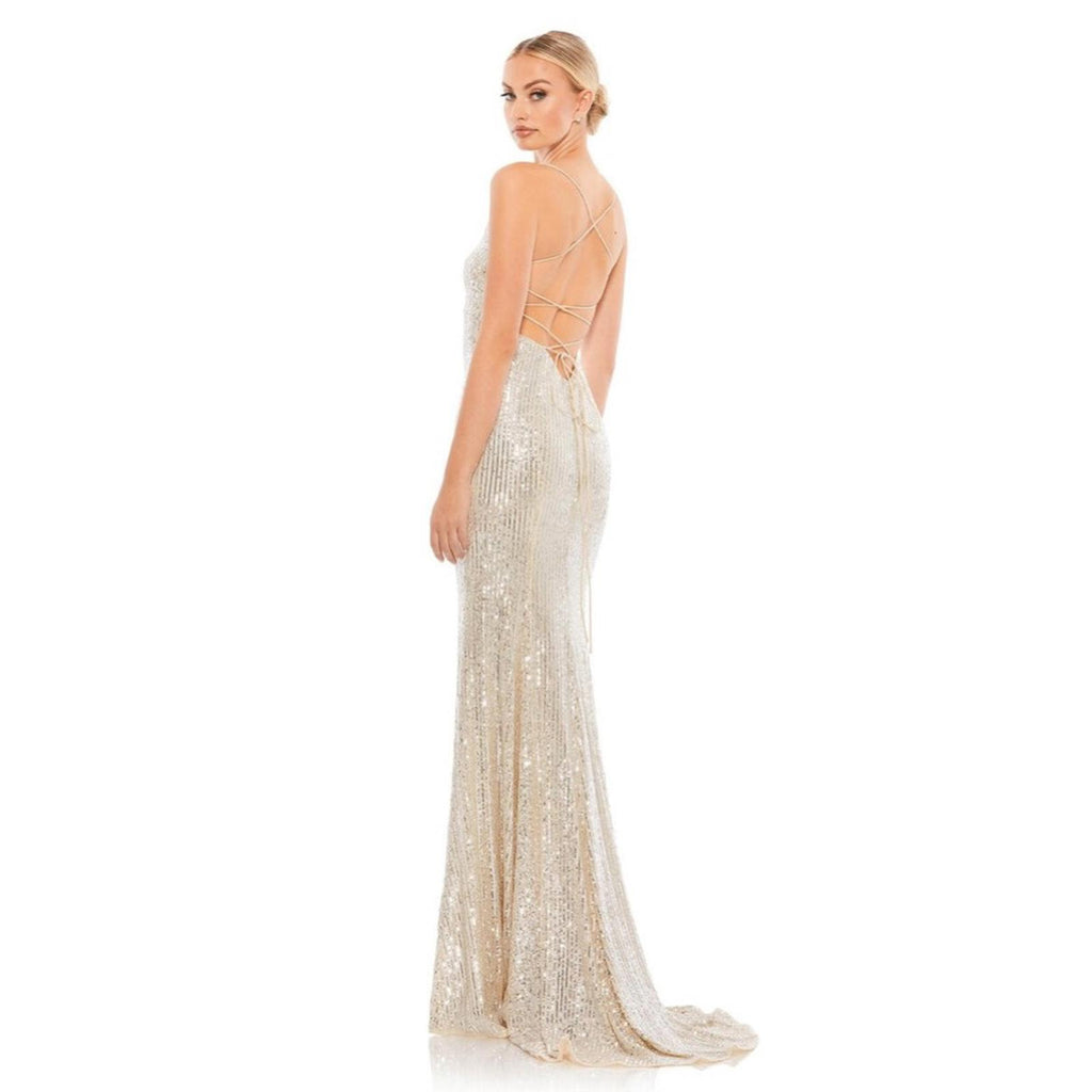 Mac Duggal IEENA Allover Sequin Strappy Open Back Gown in Nude Silver Size 4 NWT
