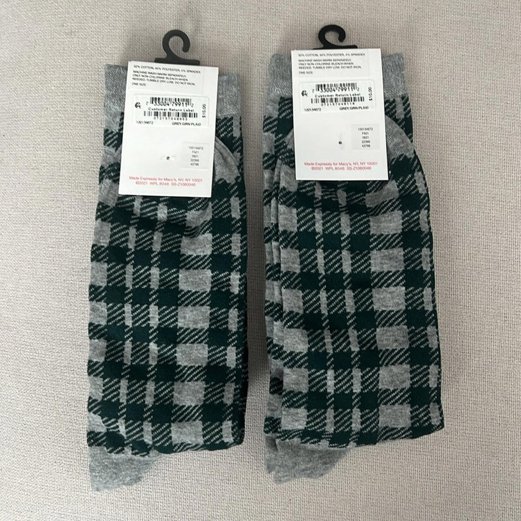 X2 Club Room Grey/Green Plaid Crew Socks, Soft Touch Stretch One Size New w/Tag