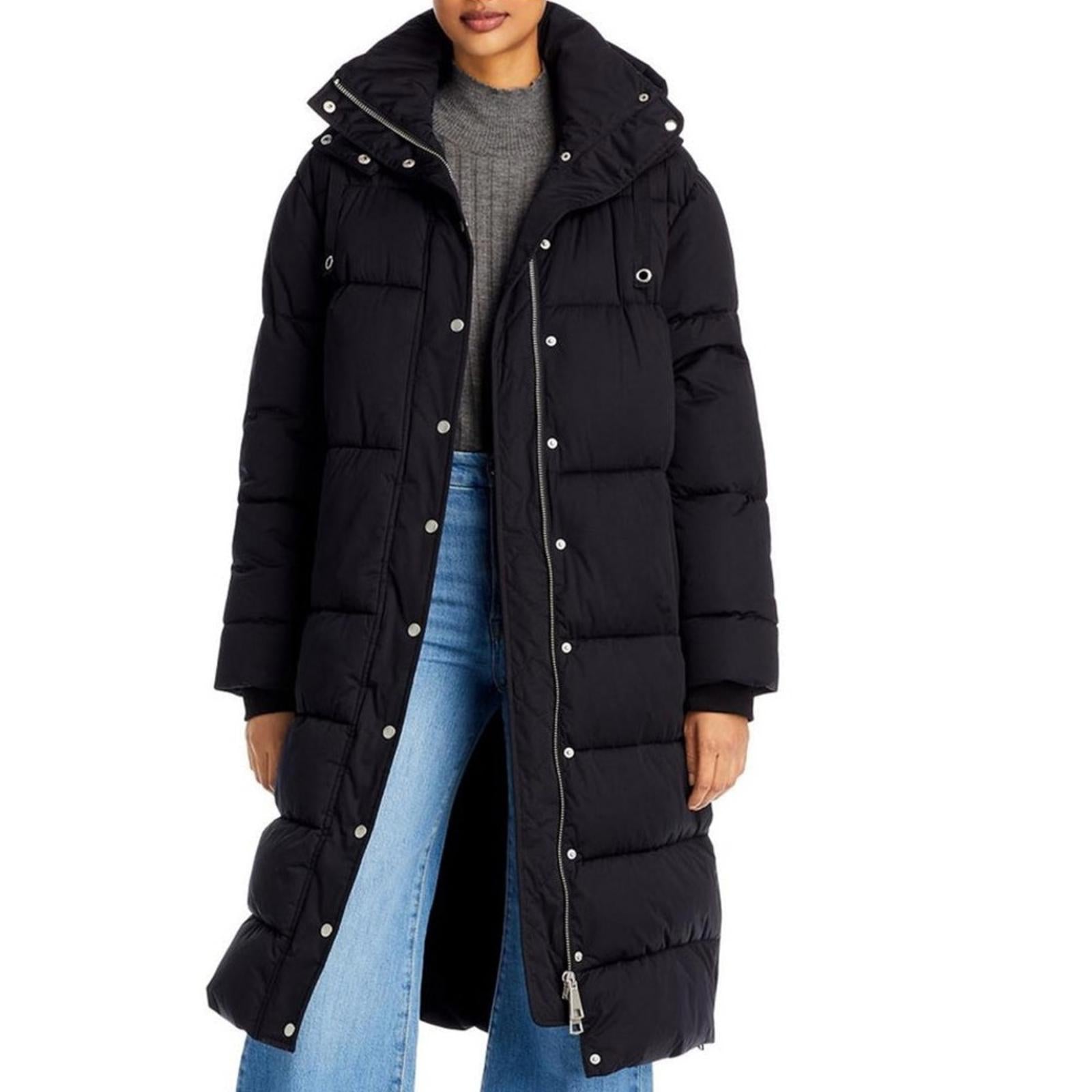AQUA Puffer Trench Coat, Hooded Quilted Jacket in Black, Size M New w/Tag $298