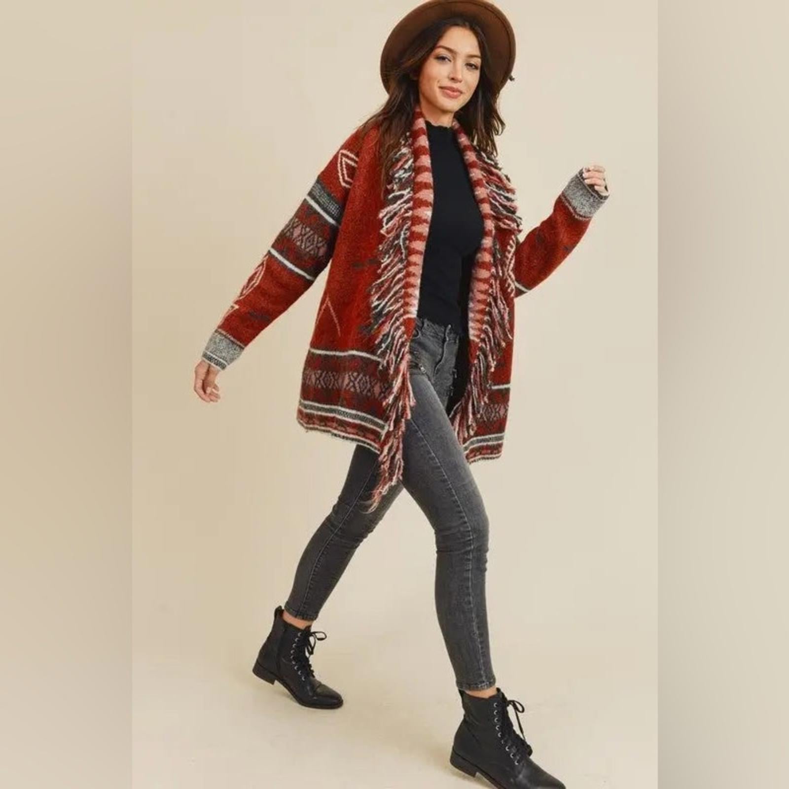 Doe & Rae Aztec Open Front Fringe Cardigan Sweater Brown Multi Size L EXCELLENT!