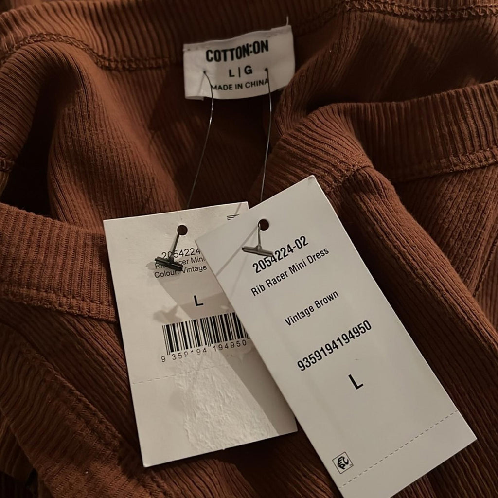 NWT Cotton-On Rib Racer Mini Dress, Vintage Brown Size L, New w/Tag Retail $35