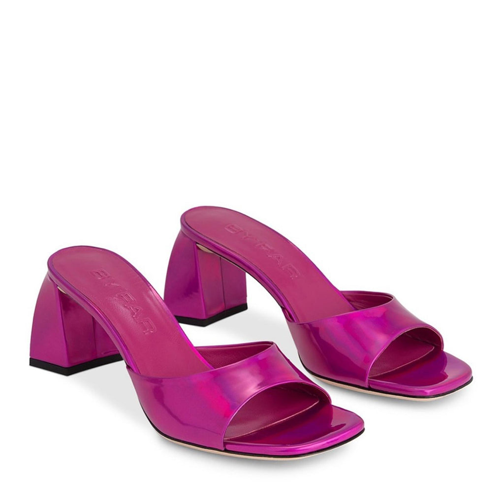 BY FAR Romy Lac Square Toe Block Heel Sandals Iridescent Fuchsia Size 37 NWT