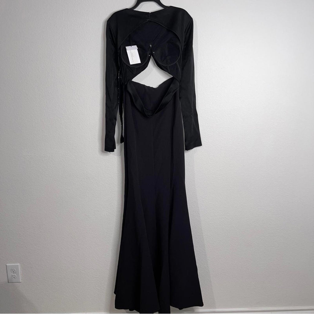 Safiyaa BLACK Cutout Beaded Belt Gown with Gun Metal New