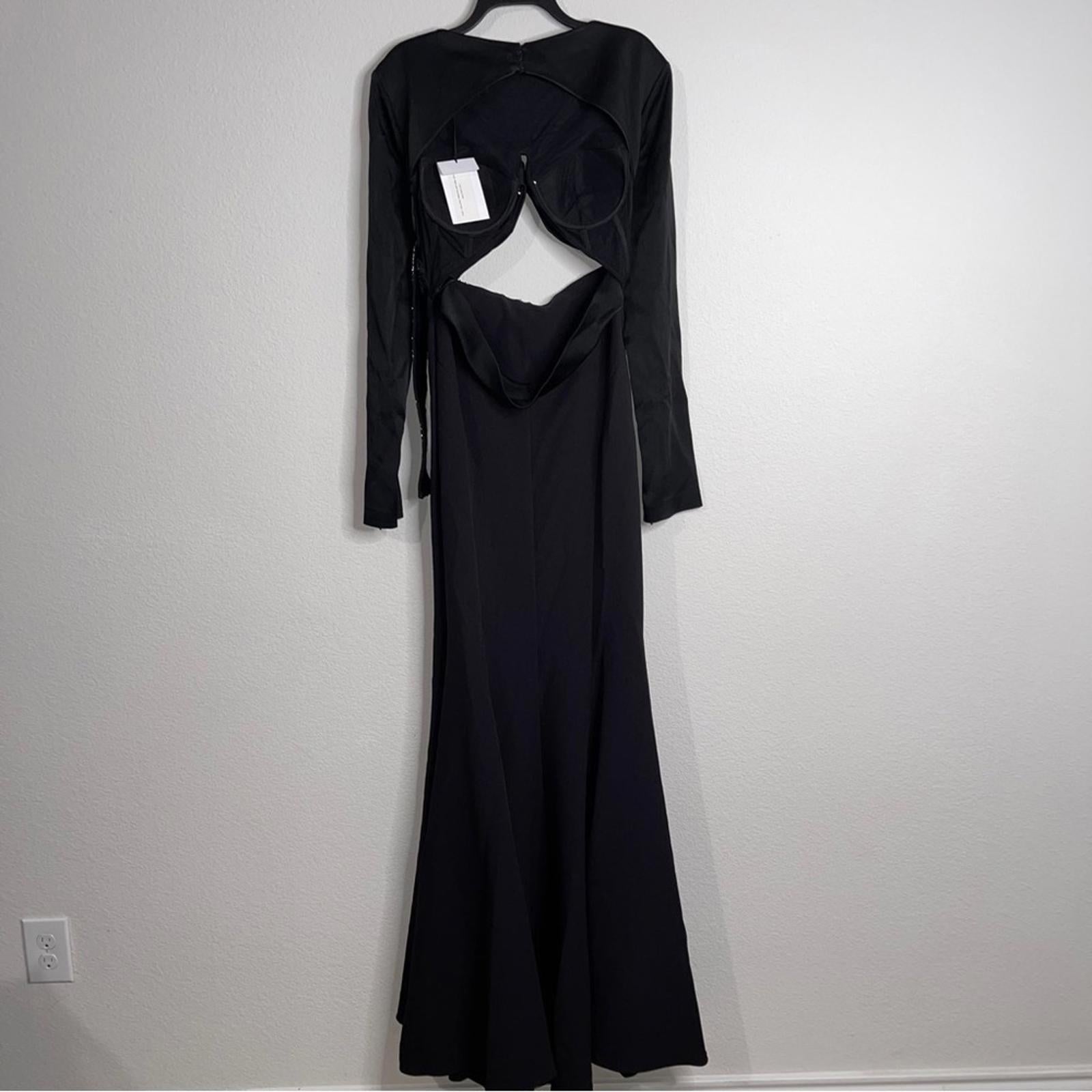 Safiyaa BLACK Cutout Beaded Belt Gown with Gun Metal New