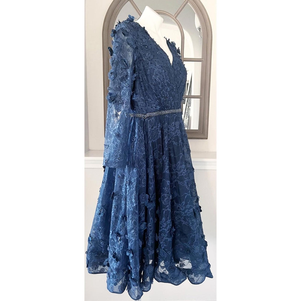 Mac Duggal Fit & Flare Lace Dress w/Floral Appliqués Three-Quarter Sleeve