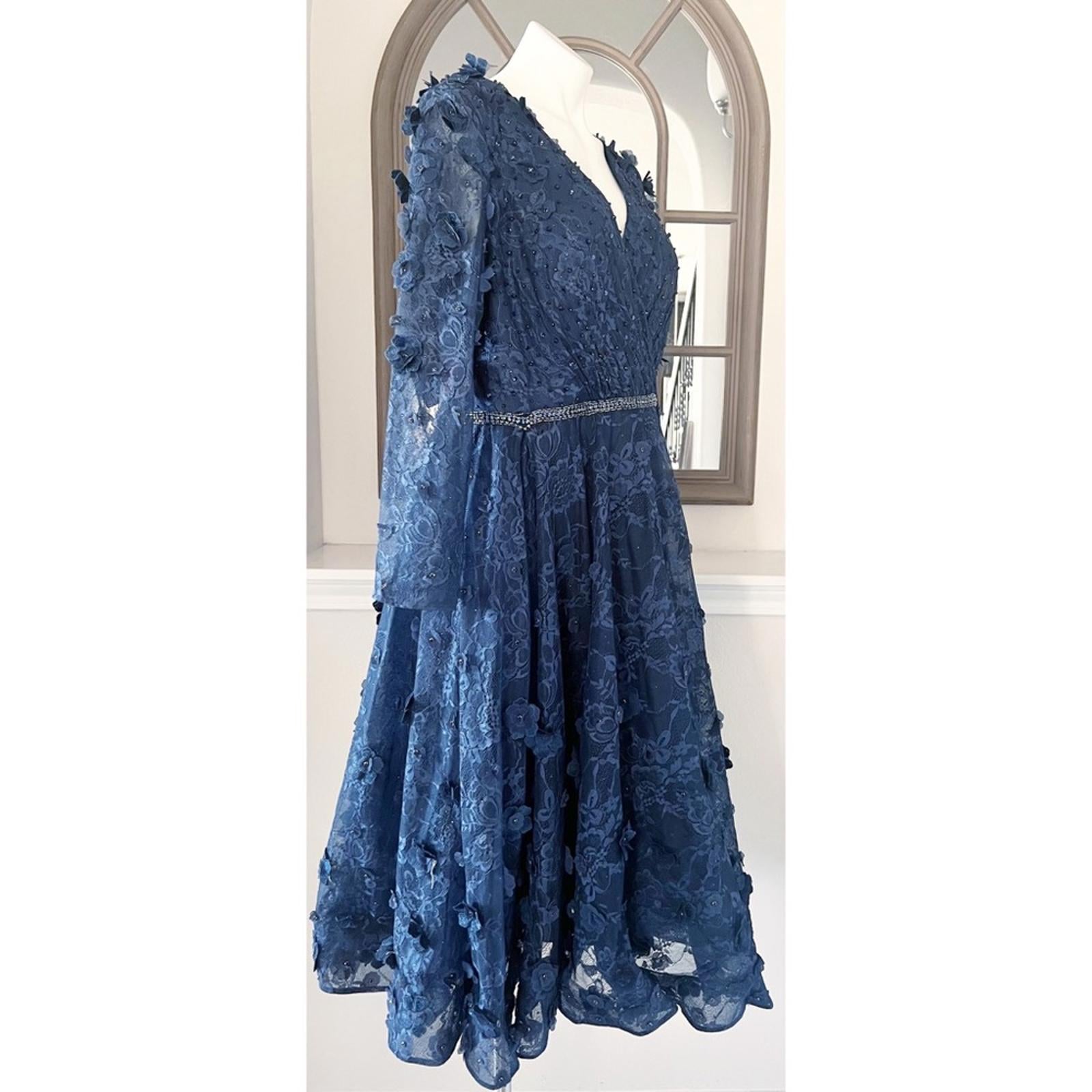 Mac Duggal Fit & Flare Lace Dress w/Floral Appliqués Three-Quarter Sleeve