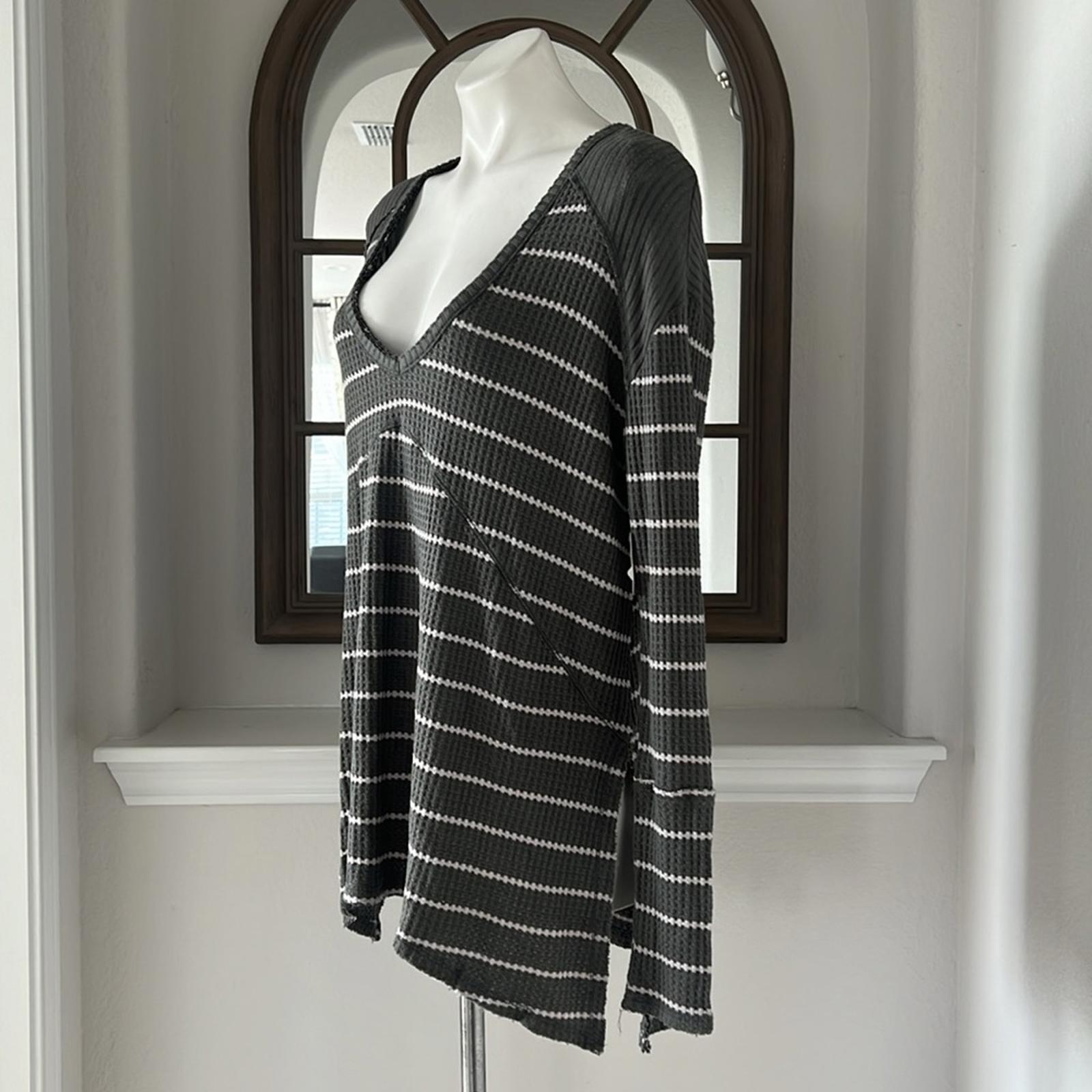 Free People Sunset Park Grey Oversized Striped Waffle Thermal Sweater Size M NWT