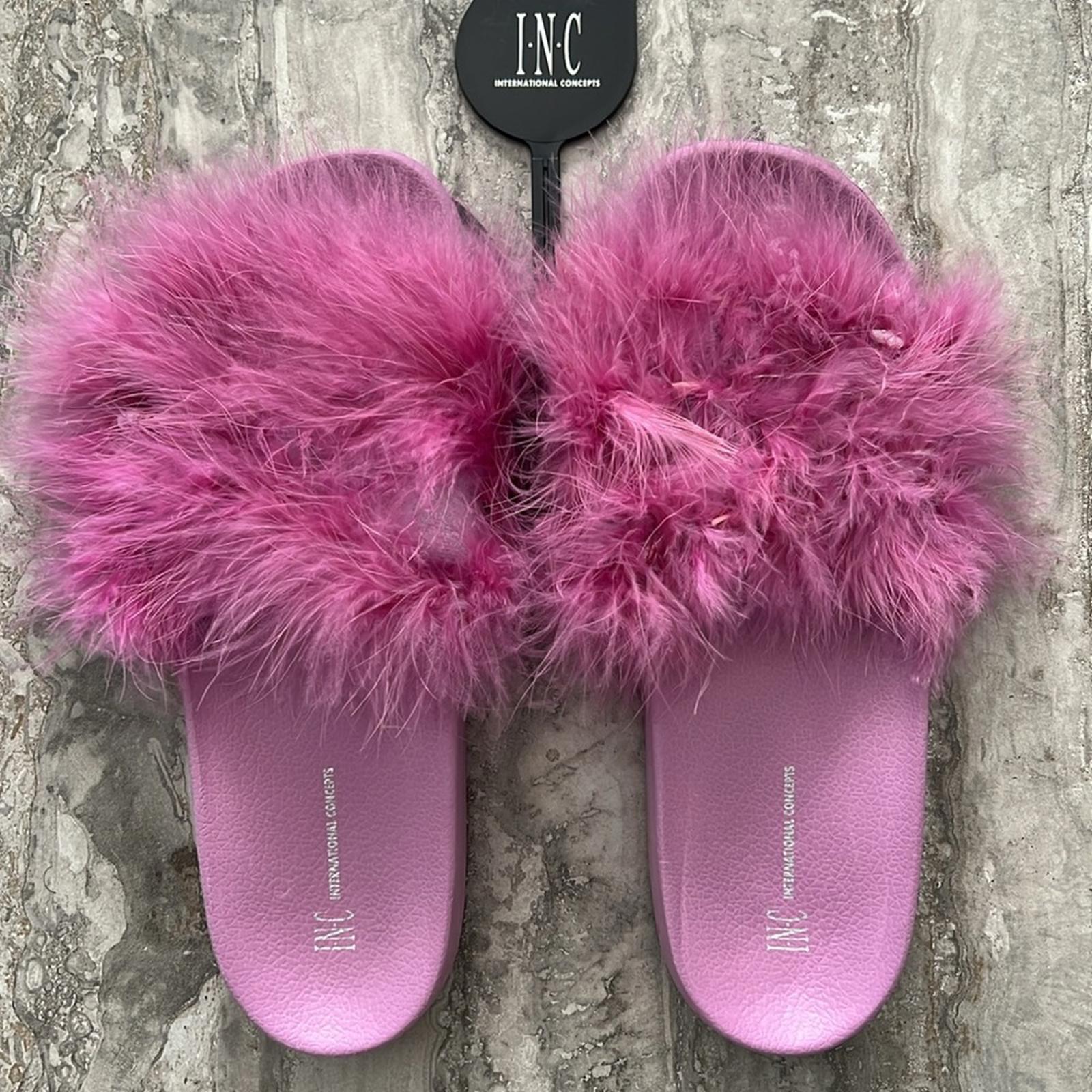 INC Faux-Marabou Slide Slippers in Pink, Size XL 11/12 New w/Tag