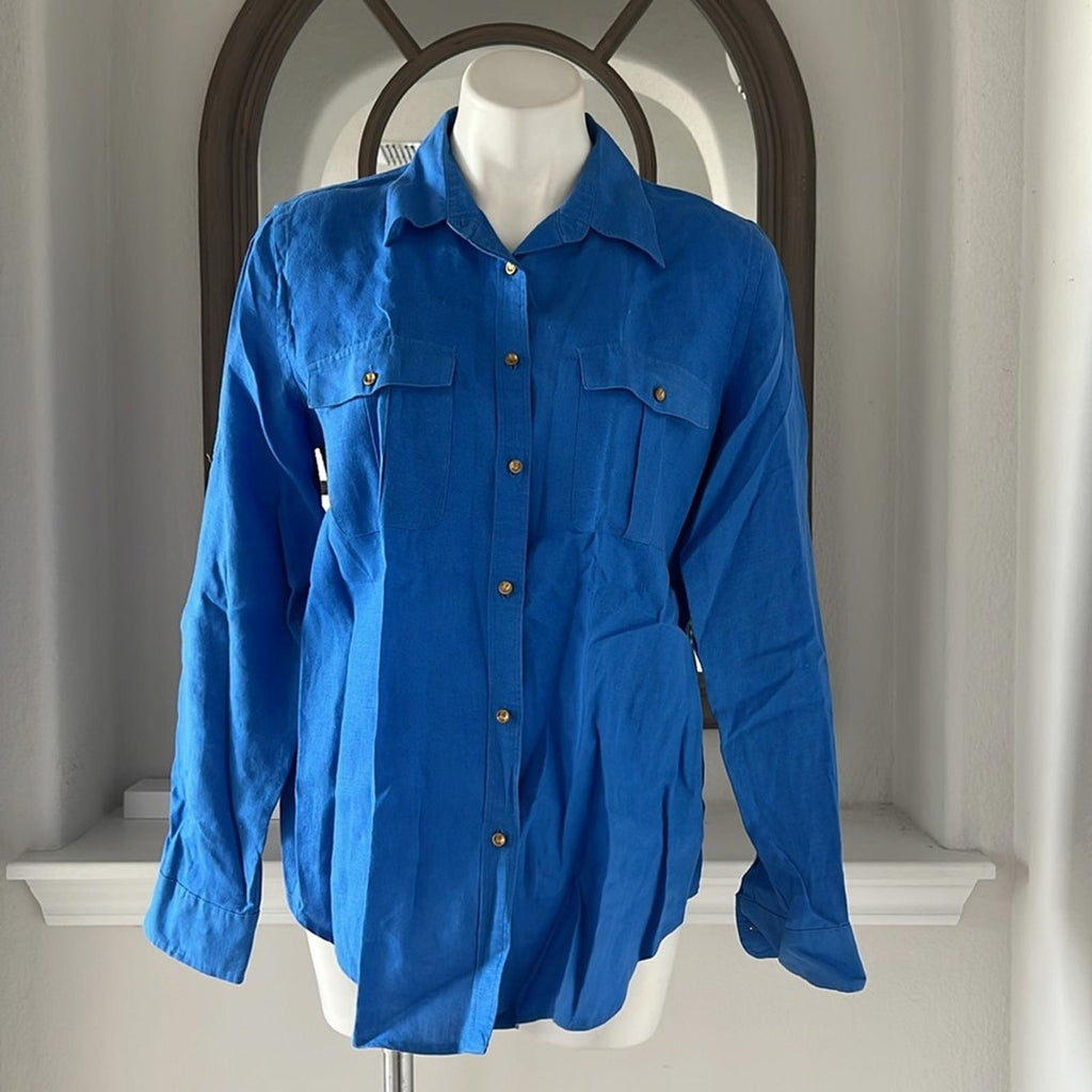 Lauren Ralph Lauren LINEN Blue Shirt Size L EXCELLENT!