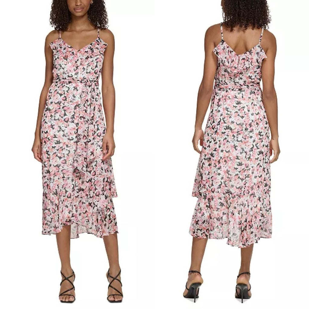 Karl Lagerfeld Paris Floral Ruffled Tie-Waist Chiffon Midi Dress, Size 16 NWT