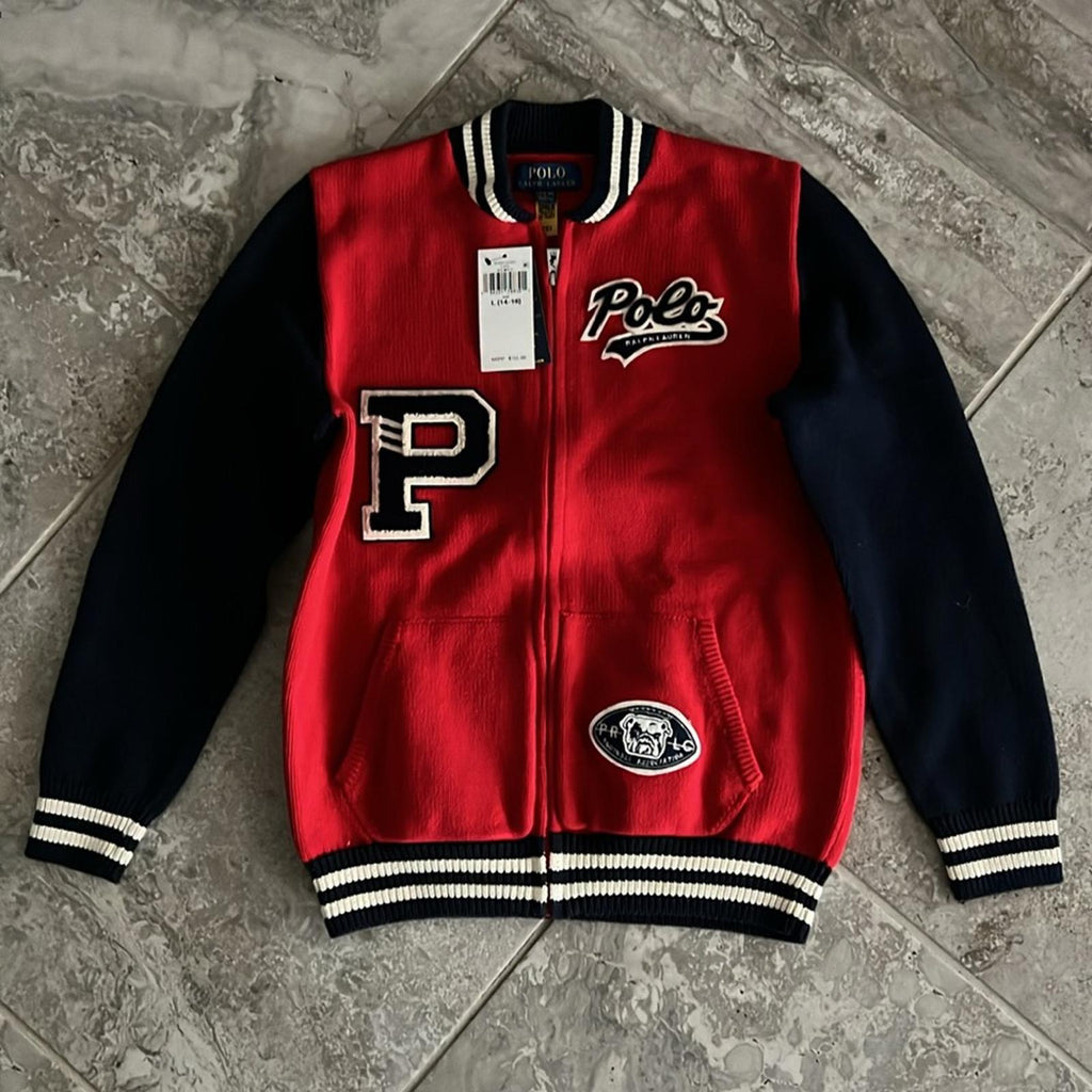 Polo Ralph Lauren Cotton Full-Zip Letterman Sweater Jacket Size L (14/16) NWT