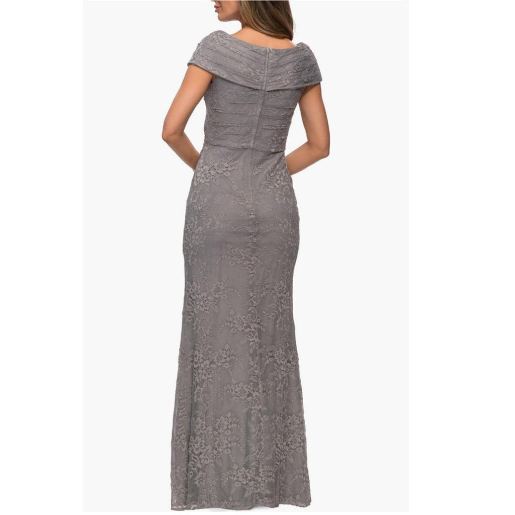 La Femme Lace Off the Shoulder Cap Sleeve Evening Dress in Platinum Size 16 NWT
