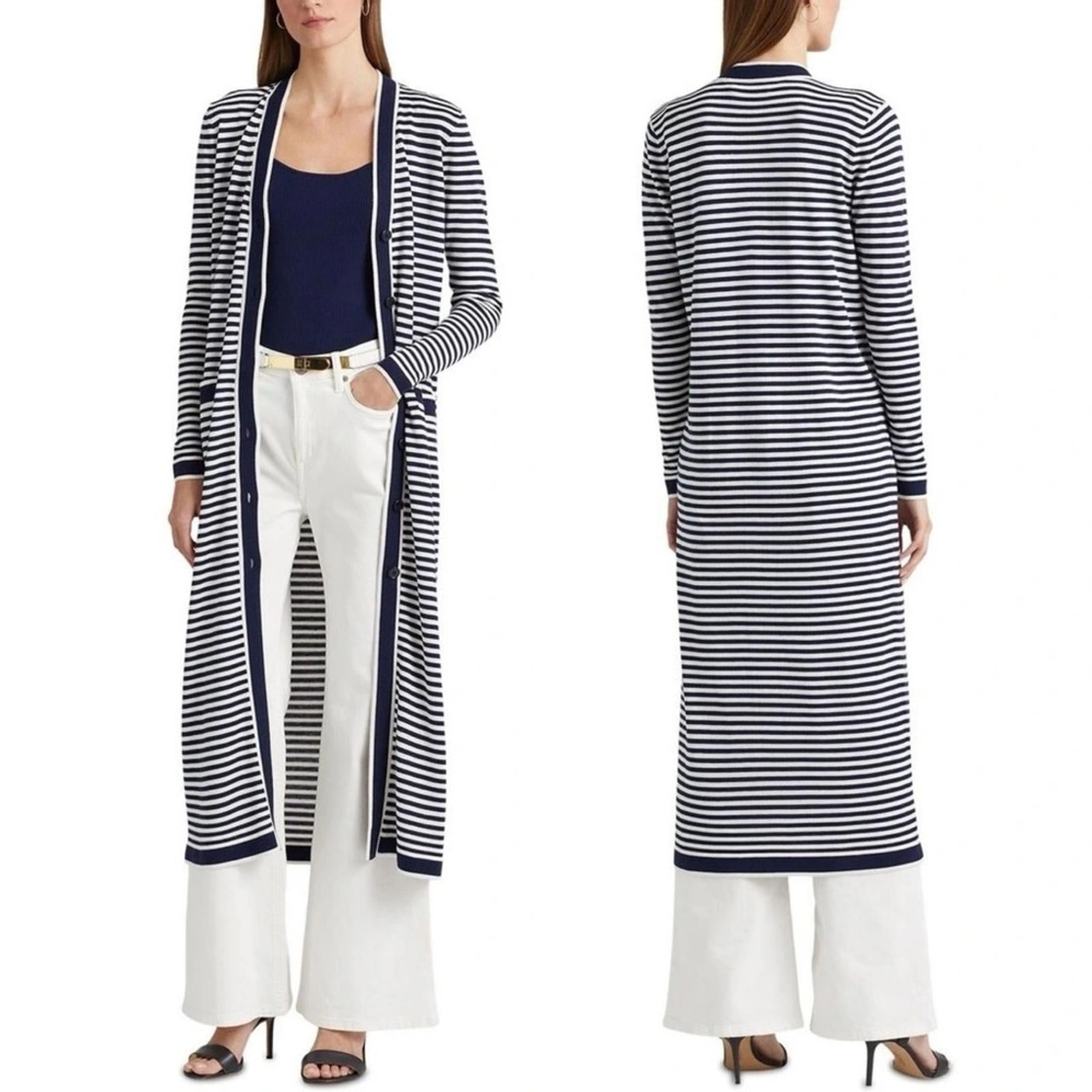 Lauren Ralph Lauren Striped Silk Blend Long Cardigan Navy Size XS New w/Tag $245