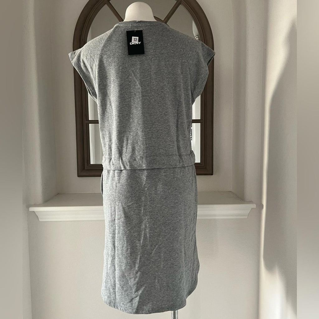 DKNY Lace Drawstring-Waist Crewneck Short Shift Dress Heather Grey, NWT, Size M