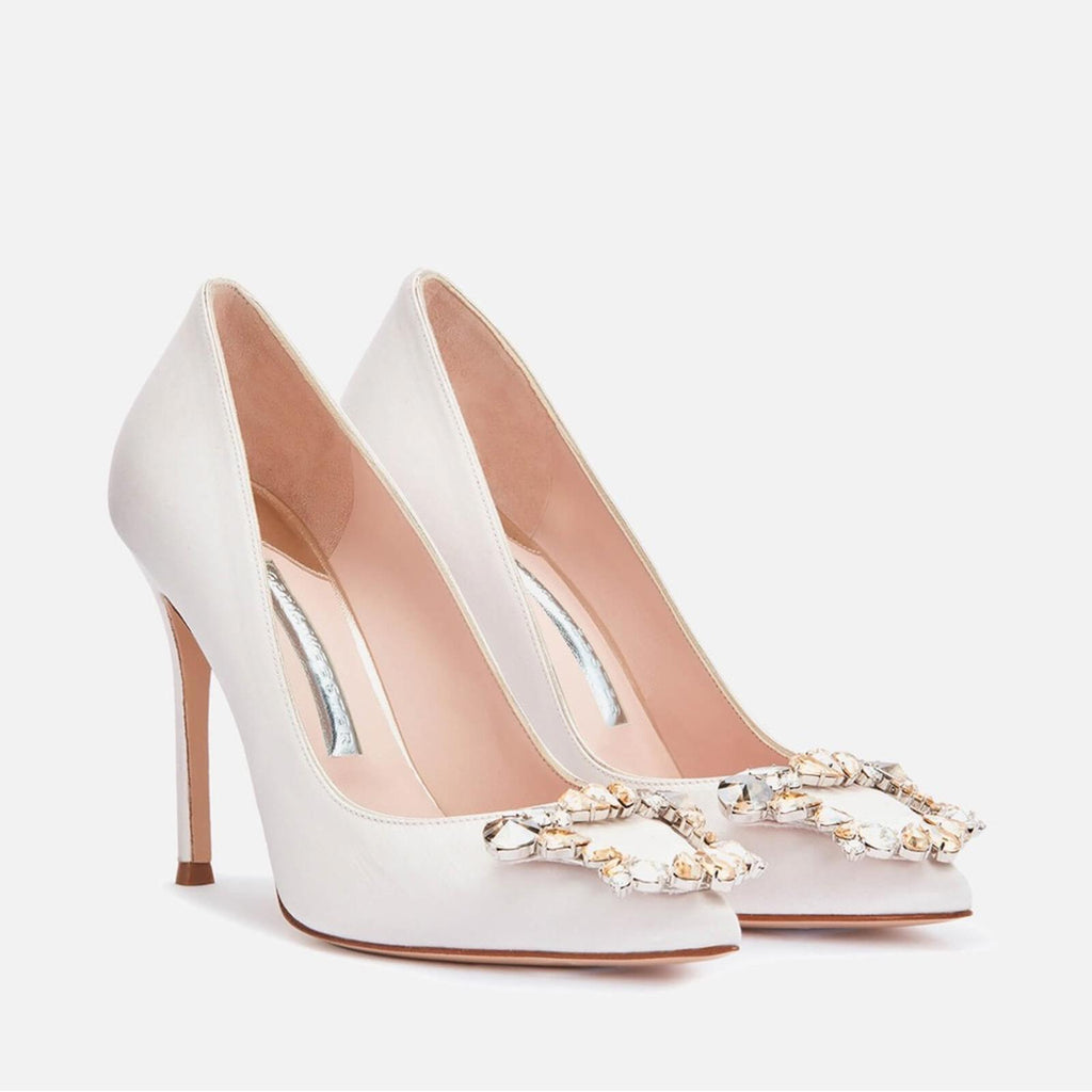 Sophia Webster Margaux Embellished Pointed Toe Pumps in Ivory Satin, Size 38 NEW