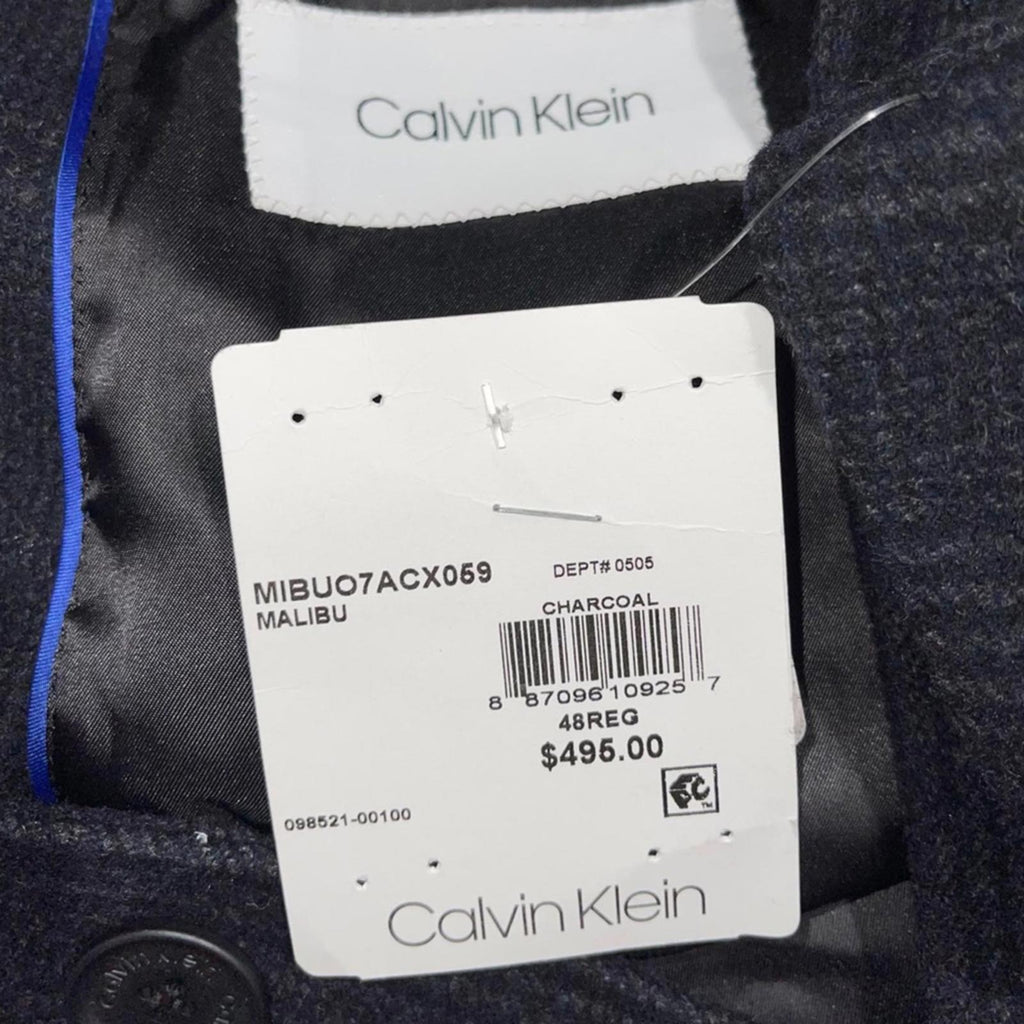 Calvin Klein Men’s Malibu Slim-Fit Charcoal Plaid Overcoat, Size 48 R NWT $495