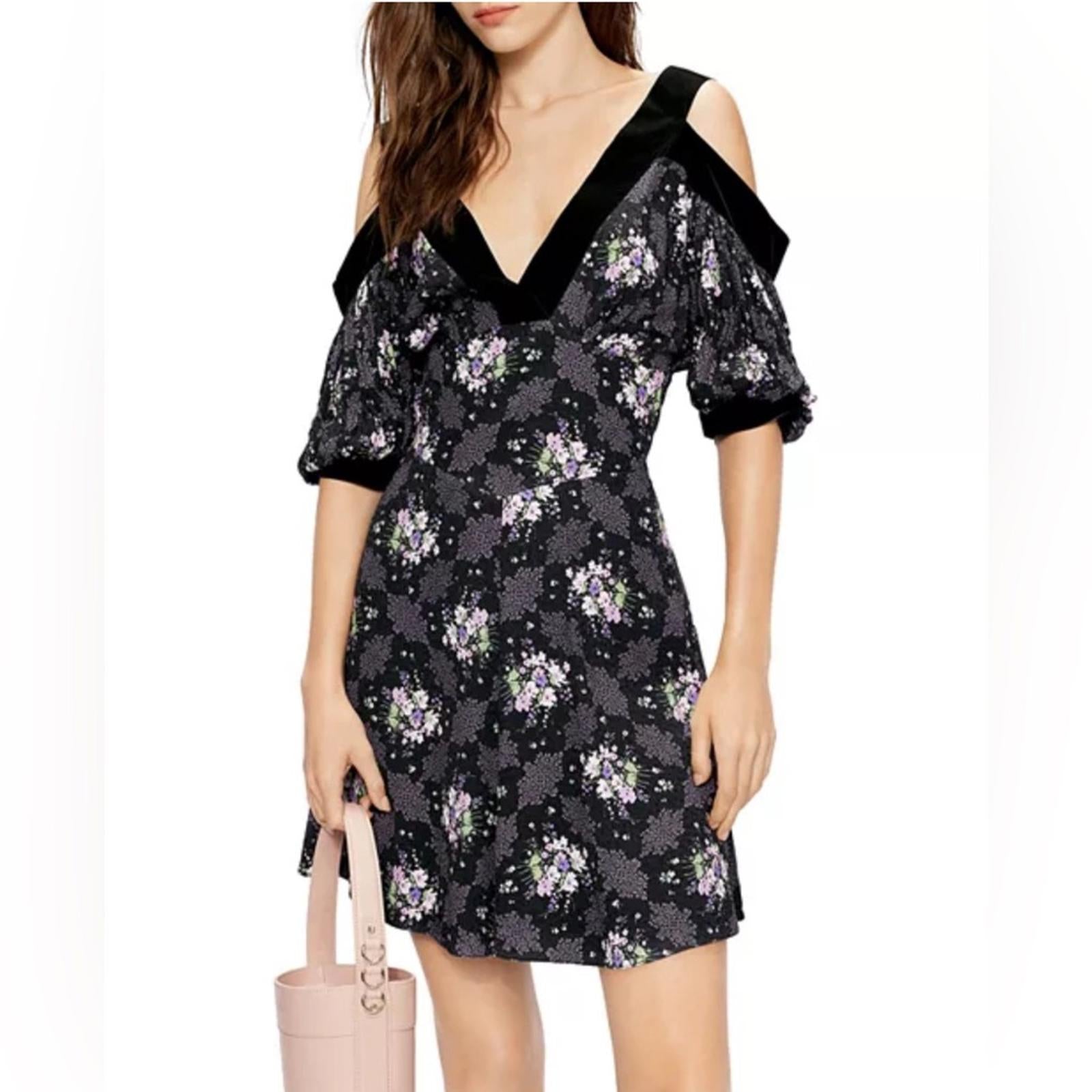 Ted Baker Leilia Floral Cold-Shoulder Mini Dress in Black, Size 2 – NWT