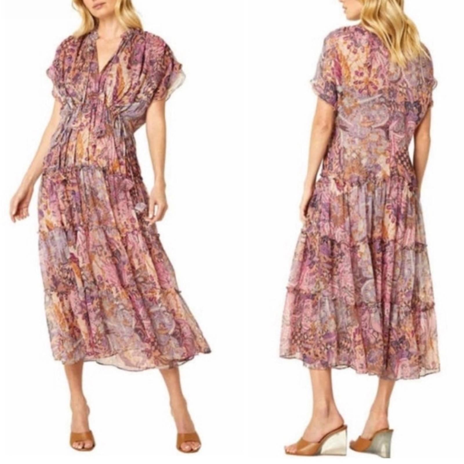 MISA Ilya Split-Neck Tiered Midi Dress, Boho Maxi Size XS New w/Tag $430