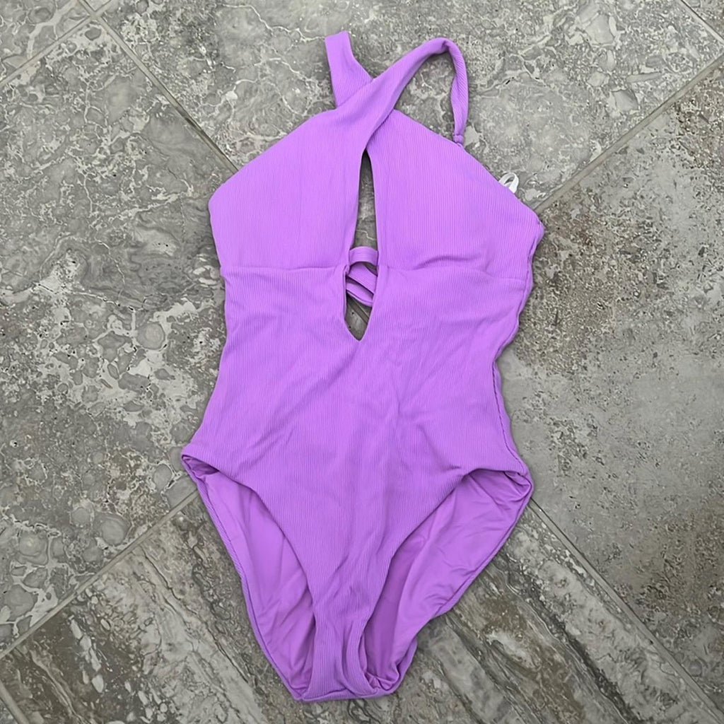 New BECCA Fine Line Halter One Piece Swimsuit, Removable Cups Size S NWT $148