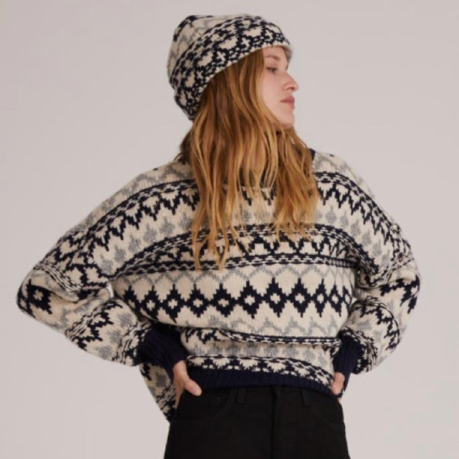 Favorite Daughter ‘Tis The Season Sweater &Hat Set, Blue/Grey Fair Isle Sz M NWT