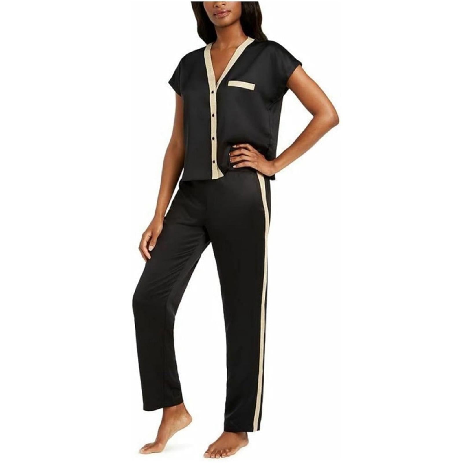 INC Metallic Tuxedo Stripe Satin Pajamas Set in Deep Black, Plus Size 3X NWT